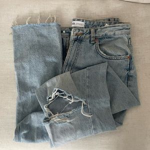 Zara wide leg light wash ripped jeans